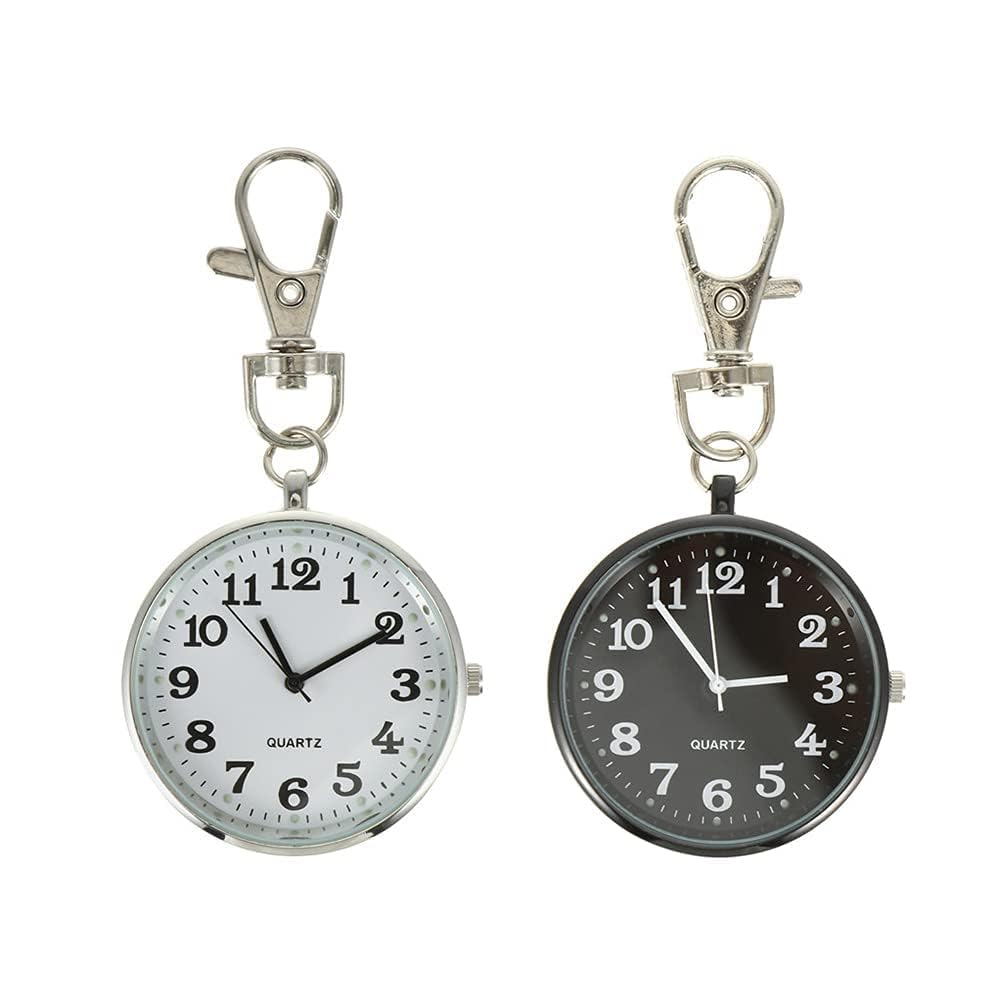 Quartz Pocket Watch, 2 Pcs Large Dial Nurse Pocket Watch with Keychain Keyring Ornaments for Decoration, Nurse Watch Hanging Watch Durable Watch (Black+White)