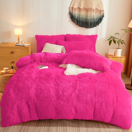 Fluffy Faux Fur Hot Pink Comforter Cover Queen Set – Plush Fluffy Hot Pink Bedding 3-Piece Set (1 Duvet Cover + 2 Furry Pillow Shams) Cozy Bed Set