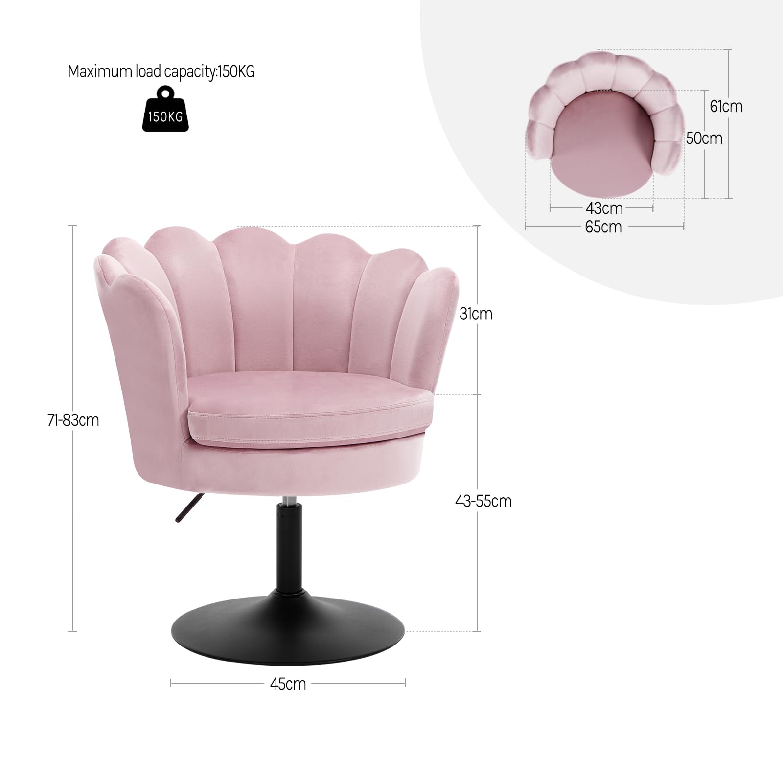 WOLTU Sedia da Trucco, Sgabello Cucina, Poltrona con Seduta a Forma di Fiore, Girevole a 360°, Sedia in Velluto per Camera da Letto, Soggiorno, Altezza Regolabile 43-55 cm, Rosa