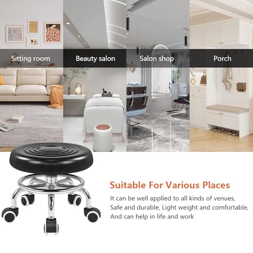 Image of KKTONER Black Roller Seat PU Leather Rolling Stools with Wheels Nail Stool for Home Work Office Shop Step Stool (Black)