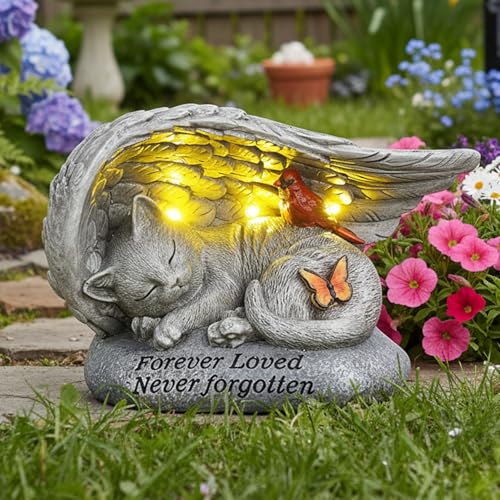 Cat Memorial Stones with Solar Angel Wing Cardinal Butterfly 8 Inch Sleeping Cat Grave Markers Outdoor Waterproof Pet Loss Sympathy Gift for Garden or Tombstone Statue
