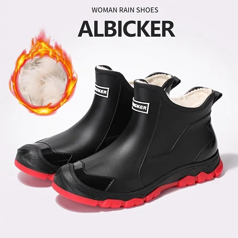 Men's large-sized outdoor short boots for warmth in rain. Soft and warm lining. Flat rubber non-slip sole. Suitable for winter fishing and outdoor gardening activities.