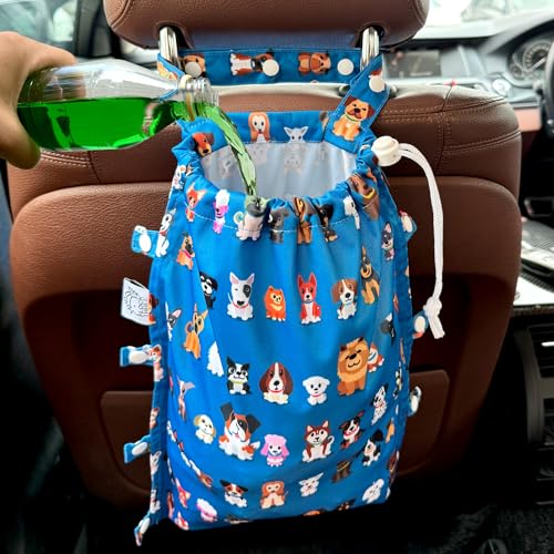 FLOCK THREE Leak-Proof Waterproof Car Trash Bag Foldable Multipurpose Trash bin Container Storage Cute Grocery Organizer Bag for Automotive Front or Back Seat in Cars SUVs and Trucks (Dog Family)
