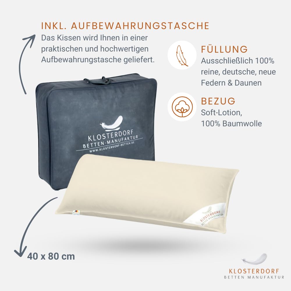 Klosterdorf Bettenmanufaktur Premium Bio Dreikammer Kopfkissen ''nobel'' - 40x80 cm - 500 Gramm - Handarbeit aus Deutschland - Für einen gesunden Schlaf - Daunenkopfkissen Daunenkissen Dreikammer