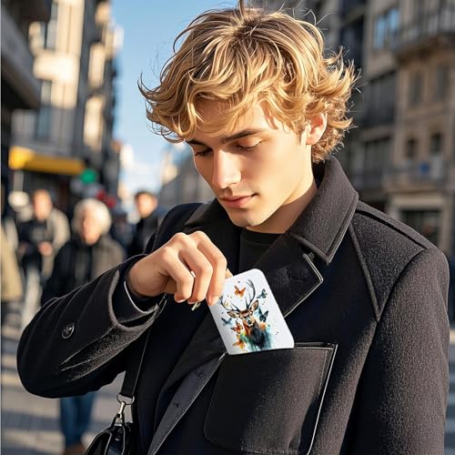 Small Credit Card Case Wallet for Women, RFID Blocking Mini Slim Leather Card Holder Wallet, Pocket Business Card Case with Zipper Card Holder, Watercolor Deer Moth 7