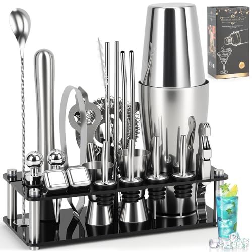 23 Peças Kit Coqueteleira, Kit Coqueteleira, Coqueteleira Inox, com Suporte de Acrílico, Copos para Misturar CoquetéIs 600 ML + 700 ML