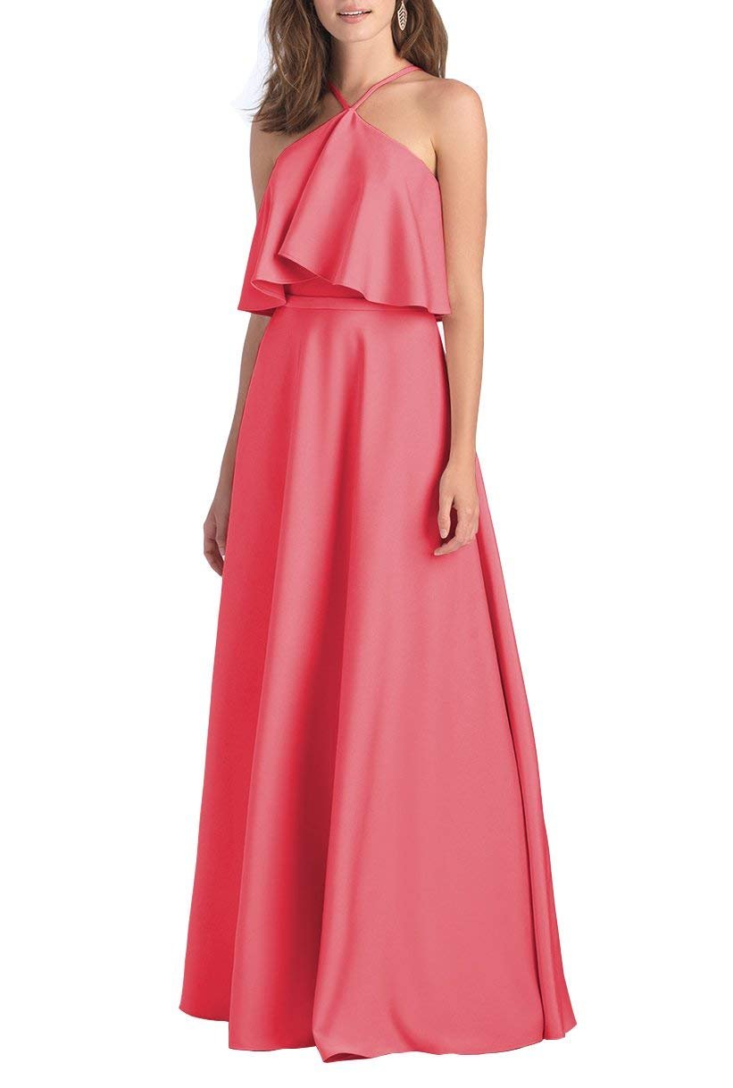 HaoHuodress Women's Halter Chiffon Bridesmaid Dress Long Formal Evening Gown Ruffled Bodice