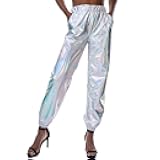 Womens Shiny Metallic Pants, Holographic Disco Sweatpant for 70s 80s Alien Space Cowgirl Halloween Costume