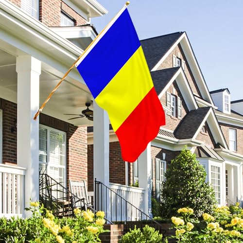 Image of AhfuLife 2 Pcs Romania Flag 3x5 Ft, Large Romania National Flags foe Outside - Double Side with Brass Eyelets for Olympic Party Decorations, Bar Garden Street Decoration Indoor Outdoor