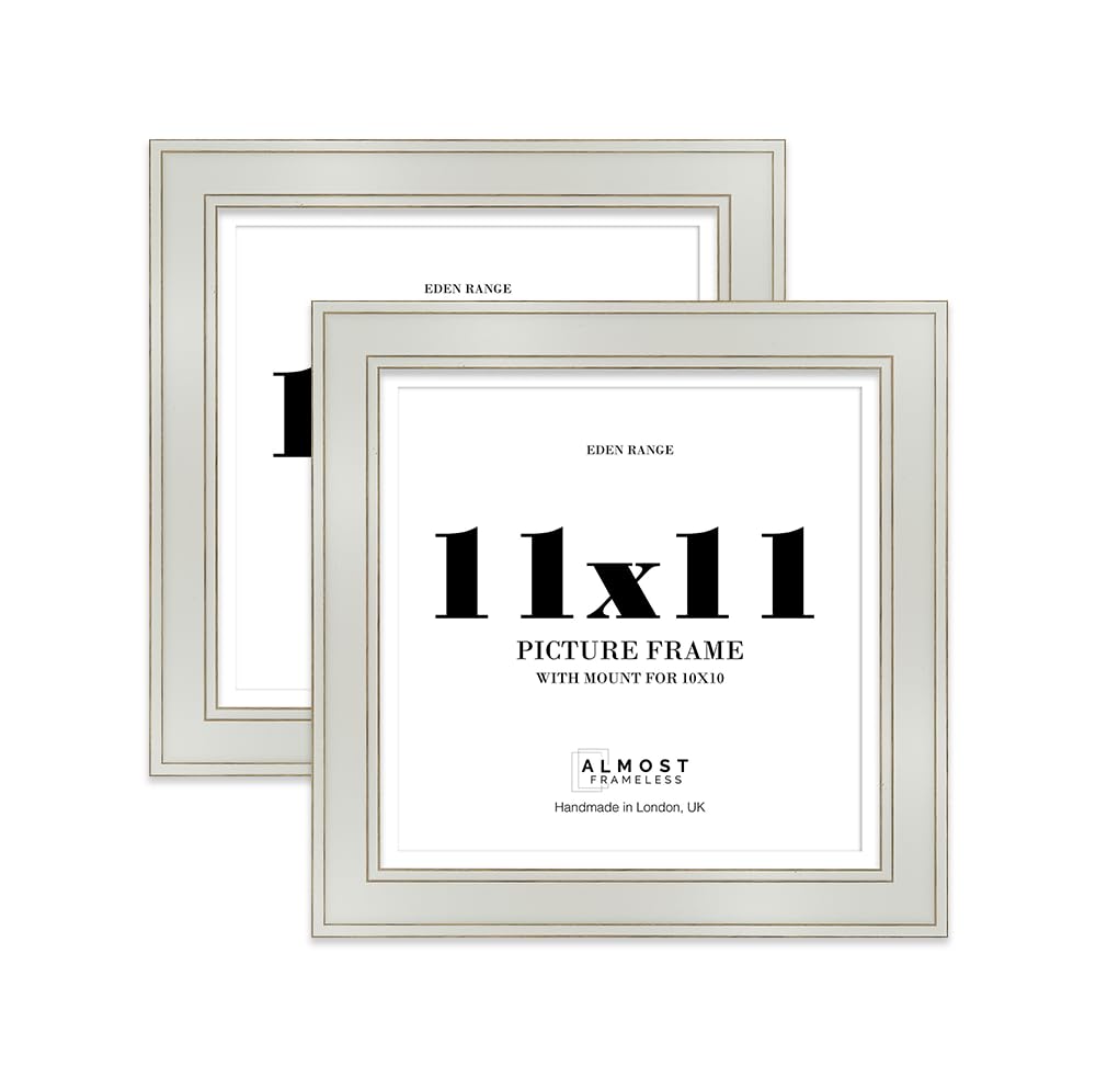 11x11" Light Grey Square Picture Frame with 10x10" Mount - Shabby Chic Photo Frame with Distressed Finish, Gold Trim, Wall Hooks and Kickstand, 37mm Edge - 2 Pack