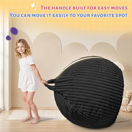 Image of HABUTWAY 2FT Bean Bag Chair, 2' Bean Bag Chairs with Memory Foam Filled, Small Comfy Beanbag Chair with Stripe Plush Cover for Living Room Bedroom Dorm, Black