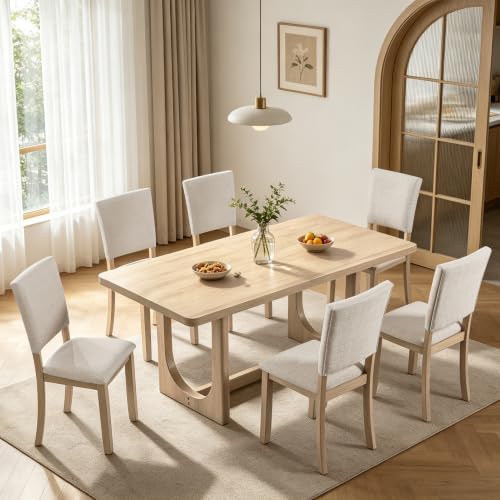 Image of KEIKI 7-Piece Standard Height Dining Table Set with Rectangular Table, 6 Upholstered Curved Backrset Chair, for 6 Person, Modern Style Table Set, Easy Assembly, for Kitchen, Dining Room, Light Oak