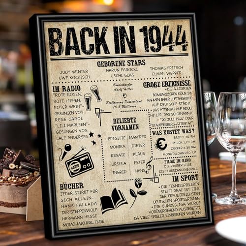 Benjia Gift for 80th Birthday - Back in 1944 Black Frame Framed Poster Germany - Women & Men - Table Picture and Wall Picture Stand - Personal Anniversary Birthday Newspaper (20 x 25 cm, Retro)