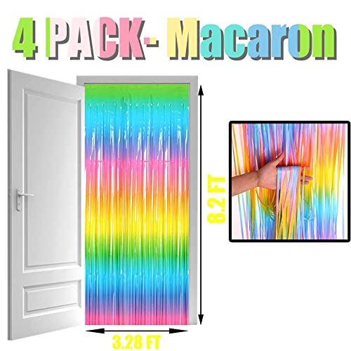 Image of 4 Pack Macaron Rainbow Foil Fringe Curtain Backdrop, 3.28Ft x 8.2Ft Metallic Tinsel Foil Fringe Streamer Curtains for Photo Booth, Birthday, Wedding, New Year's, Easter Decorations Party Supplies