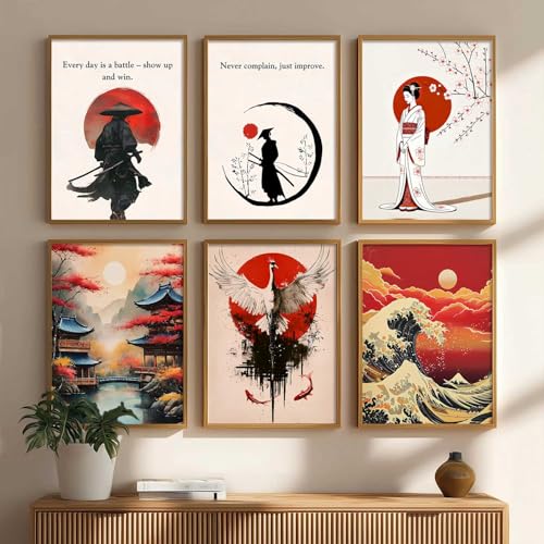 Image of HOTHOUSE Japanese Samurai Motivational Art Wall Framed Posters | Aesthetic Japanese Art Framed Poster for Living Room Bedroom Gaming Room Studio Wall Decor Set Of 6 (10X13 inch)
