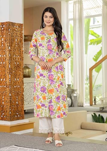 Image of Pistaa's Women's Floral Print A-Line Kurta with Lace Palazzos