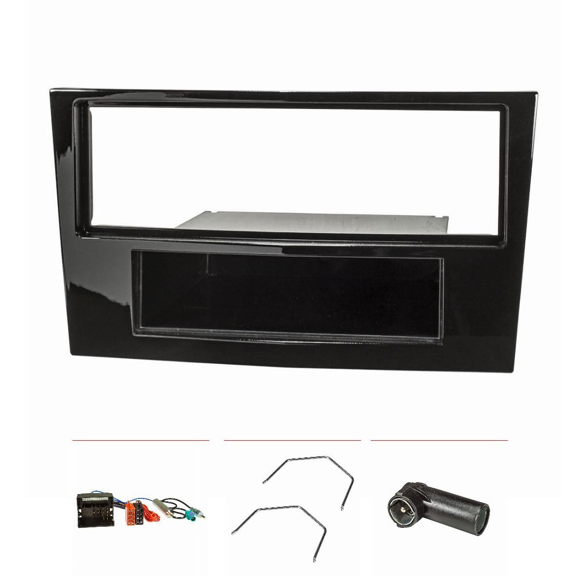 tomzz Audio 2439-059 Set di pannelli radio compatibili con Opel Corsa D Astra H Zafira B Pianoforte laccato nero con adattatore Quadlock ISO Adattatore antenna Fakra alimentazione fantasma DIN ISO ...