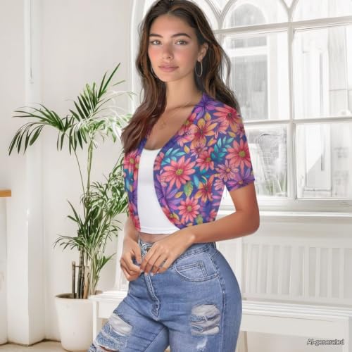Image of Womens Short Sleeve Cardigans Lightweight Summer Cardigan Trendy Bolero Shrug Cute Floral Cardigan Sheer Bolero