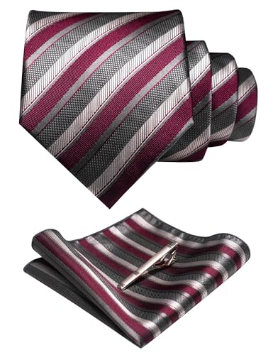 Image of RBOCOTT Silk Stripe Plaid Tie and Pocket Square with Tie Clip Sets for Men