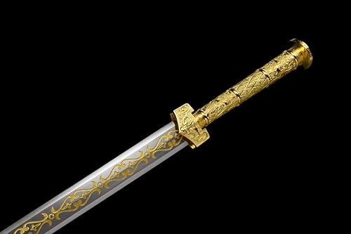 Miniatura 5 de Espada china, espadas Han Jian doradas reales (hoja de acero forjado de alto carbono, vaina de cuero falso, mango de aleación)