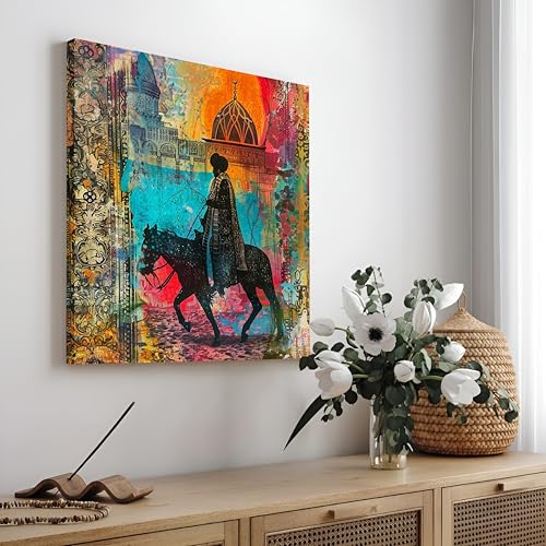 Image of Royal Horse Rider Stretched Canvas Wall Art Painting for Living Room | Colorful Ethnic Abstract Horse Painting | Vintage Cultural Wall Decor for Home & Office, 22x22 Inch