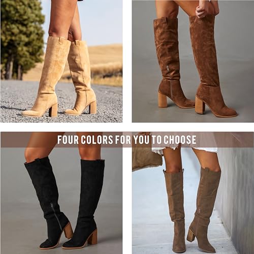 Erocalli Suede Knee-High Boots Fall Boot For Women Chunky Block High Heel Slouch Fashion Boot Round Toe Side Zipper