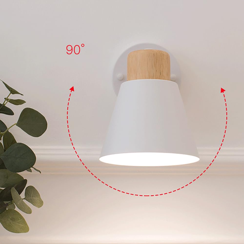 Aplique de pared retro para mesita de noche, aplique de pared de metal blanco con lámpara de madera, lámparas de pared ajustables a 180°, accesorio de iluminación E27, apliques de macarrón nórdic