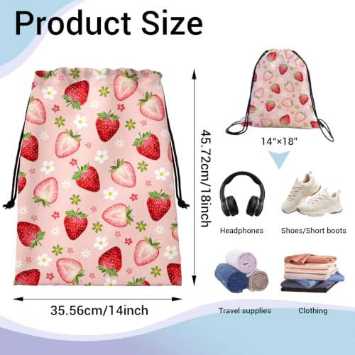 Image of Strawberry Storage Bag With Drawstring Small Flowers Print Waterproof Pouch for Travel Beach