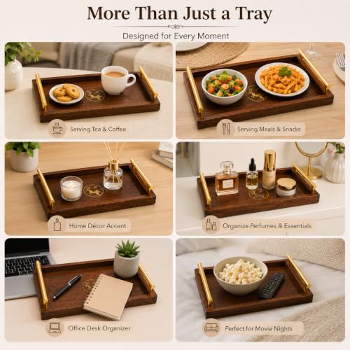 Image of Curated Cart Wooden Serving Tray with Handles - Pack of 2 - Eco-Friendly Rustic Tray for Serving Snacks, Coffee Table, Breakfast, Food, Small & Medium Size (Tray - Rectangle - 2P - Dark Brown)