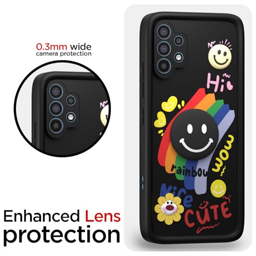 Image of Pikkme Back Cover for Samsung Galaxy A32 4G | Soft Silicone| Cute Rainbow Smile & 3D Cartoon Flower Design | Shockproof Raised Camera Protection Bumper Case (Black)