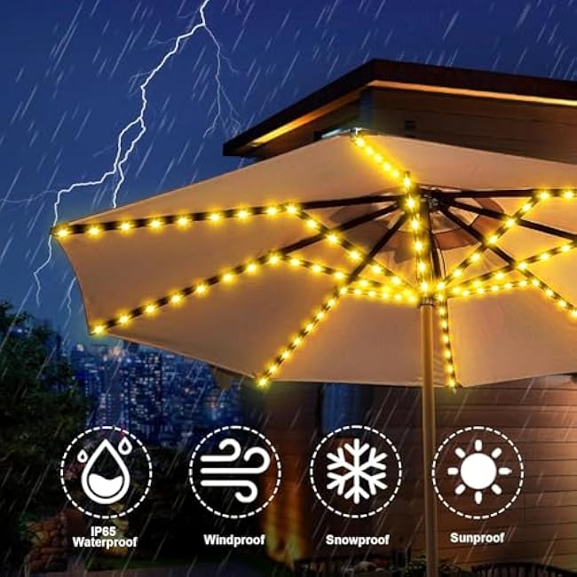 VOOKRY Solar Umbrella Lights Outdoor, Waterproof Solar Powered Patio Umbrella Lights Cordless 8 Modes LED Umbrella Patio Lights for Beach Tent Camping Garden Party Decoration(Warm White)