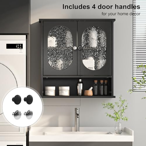 Armario de medicamentos para baño, 23x24 pulgadas, color negro, con 2 puertas acrílicas ovales, estante abierto, estilo moderno y ahorrador de espacio, para baño, cuarto de lavado o cocina miniatura 7