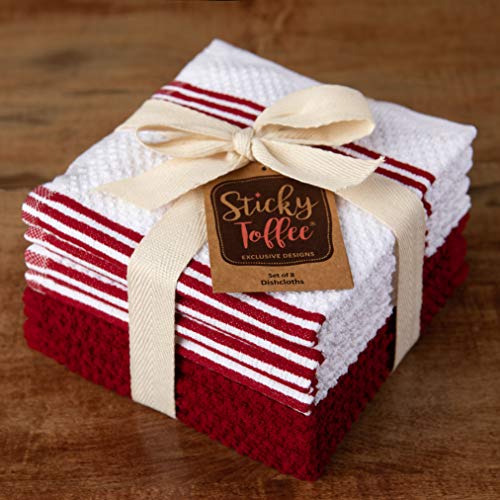 Sticky Toffee Cotton Kitchen Towels Dishcloths Set Of 8, Red And White Dish Cloth Towels, Tea Towels, Reusable And Absorbent Cleaning Cloths, Oeko-Tex Cotton, 12 In X 12 In #TOP4