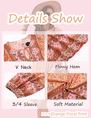 Image of Bluetime Women Casual Summer Dress Boho V Neck 3 /4 Sleeve Babydoll Floral Print Flowy Beach Dress