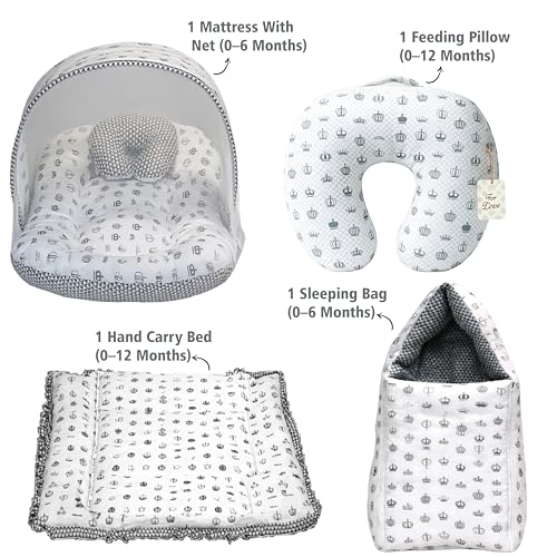 Image of Fareto Combo of Baby Nest | Net with Bed | Carry Bag | 4 Pcs Bedding Set(0-6 Months) (Fullset Nest) (Crown G)