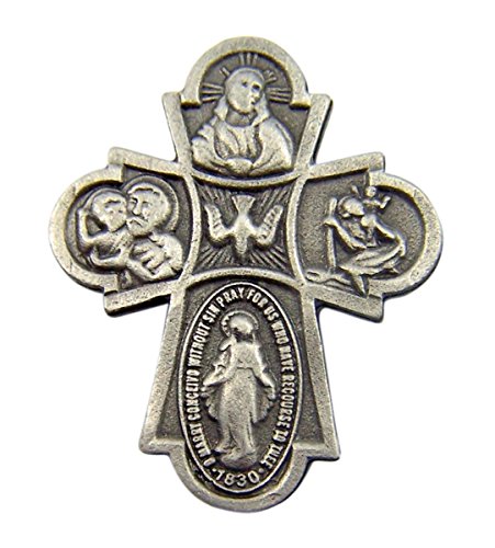 Fine Pewter Catholic 4 Way Cross Medal Lapel Pin Pendant, 1 Inch