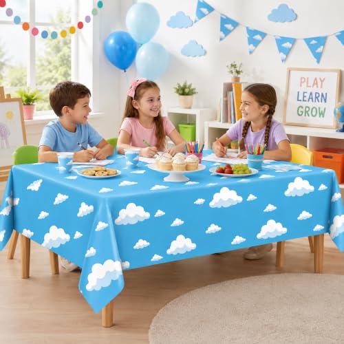 Image of 4 Pack Blue Sky Cloud Plastic Tablecloths, 54 x 108 in, Disposable Covers