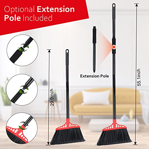 Heavy Duty Broom Outdoor/Indoor Commercial Broom With 55" Long Handle, Wide Angle Corner Broom Perfect For Garage Patio Kitchen Sidewalk Deck Porch Driveway Floor Room Rubbish Sweeping - Black And Red #TOP6