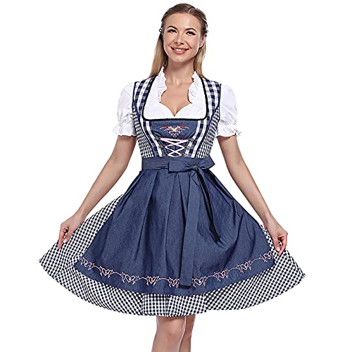 Adisputent Sukienka do stroju ludowego Dirndl Midi, 3-częściowa, sukienka do stroju ludowego z koronką, sukienka do stroju ludowego, na Oktoberfest, C niebieski, 38