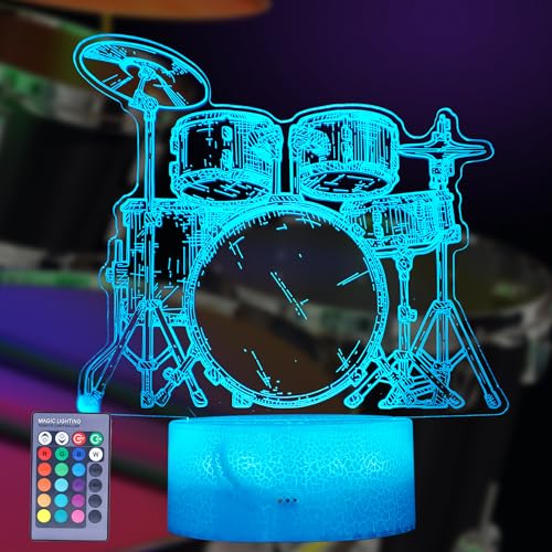 POSSHE Drum Night Light, Drummer Gifts, Drum 3D Illusion Lamp, 16 Colors Changing, Remote Control with Timer, Kids Room Musical Instrument Shop Music Decoration