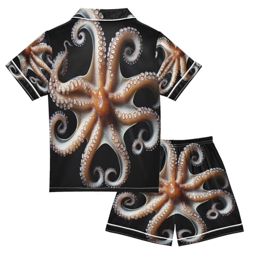 ALAZA Octopus Kraken Black Satin Pajamas Set Short Sleeve Button Down Sleepwear Summer Pjs 2 Piece2