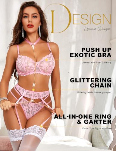 Image of RSLOVE Women's Lingerie Sets with Garter Belt 3 Piece Sexy Lace High Waist Bra and Panty Set Push Up Exotic Sleepwear