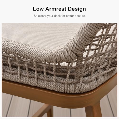Butacos de altura para barra PURPLE LEAF, set de 4 piezas, diseño moderno en tonos teka profundo con tejido a cuadros, estructura de aluminio anticorrosivo y asiento de tela olefínica extraíble y rápida de secar miniatura 4