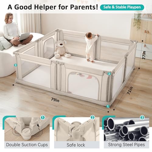 Image of Doradotey Adjustable Baby Playpen with Adult Door, Foldable Large Playpen for Babies and Toddlers, Breathable Mesh Indoor Baby Playard, Safe Fence, 79 x 71 Inch, Cream