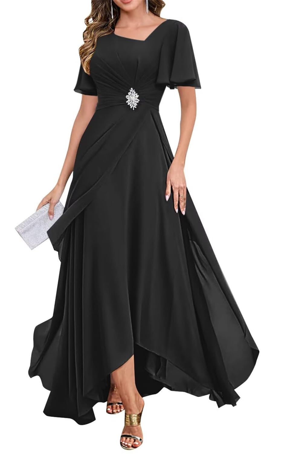 Yiann Women's Black Mother Of The Bride Dresses With Sleeves Ruched Pleated Chiffon Long Mother Of Groom Dress Uk14