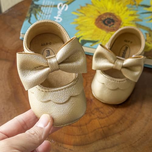 Image of Baby Girls Mary Jane Flats with Bowknot Flowers Princess Wedding Dress Ballet Shoes Non-Slip Toddler First Walkers Newborn Crib Shoes