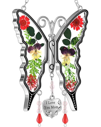 KY&BOSAM Gifts for Mom Butterfly Suncatcher I Love You Mom Stained Glass Sun Catcher Hanging for Window Wind Chime Preserved Flowers Engraved and Metal Charm Mothers Day Valentine's Birthday Decor