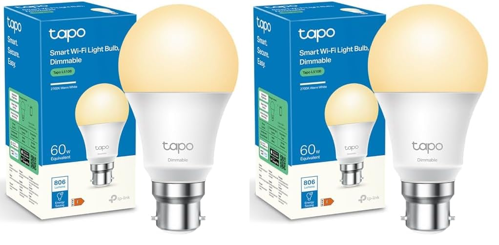 Tapo Tapo Smart Bulb, Smart Wi-Fi LED Light, B22, 8.7W, Energy Saving, Works with Amazon Alexa and Google Home, Dimmable Soft Warm White, No Hub Required L510B [Energy Class F] (Pack of 2)