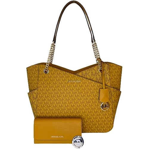 Michael Kors Jet Set Travel Large Chain Shoulder Tote bundled Jet Set Travel Trifold Wallet (2021 Signature MK Marigold)