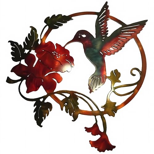 Zoihet Round Metal Bird Wall Art Decor - Hummingbird Wall Art Silhouette for your patio, garden, and fence Art Decor, Bird Wall Silhouette Indoor and Outdoor Hanging (Red)